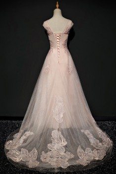 Unique Lace Pink Tulle Long Prom Dress With Cap Sleeves - MQD17020