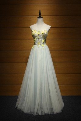 Strapless Long Tulle Prom Dress With Yellow Florals - AKE18167