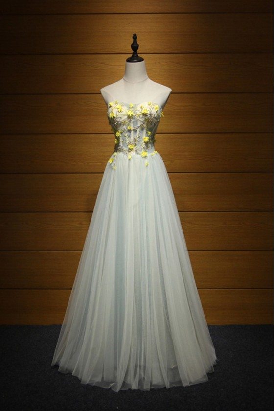 Strapless Long Tulle Prom Dress With Yellow Florals - AKE18167