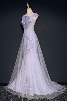 Elegant Lilac Long Tulle Mermaid Formal Dress With Cap Sleeves Embroidery - MQD17021