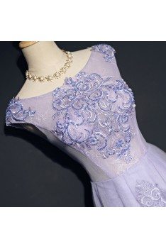 Elegant Lilac Long Tulle Mermaid Formal Dress With Cap Sleeves Embroidery - MQD17021