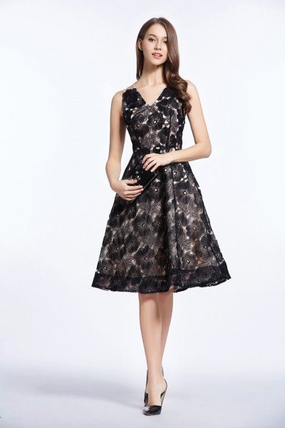 Black V-neck Organza Short Party Dress - $89.3 #DK320 - SheProm.com