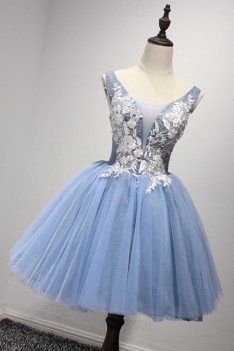 Corset Short Blue Homecoming Dress With White Lace Beading Straps - AKE18162