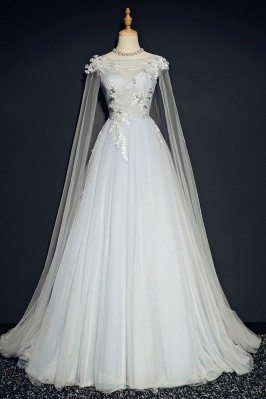 Elegant Light Grey Long Tulle Prom Party Dress With Train - MQD17022