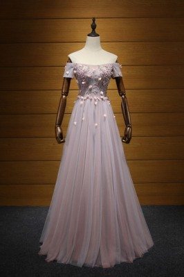 Unique Long Pink Homecoming Dress With Beading Off Shoulder Sleeves - AKE18160