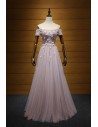 Unique Long Pink Homecoming Dress With Beading Off Shoulder Sleeves - AKE18160