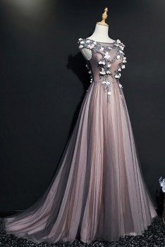 Different Black Tulle Long Prom Dress With Cap Sleeves Flowers - MQD17023