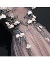 Different Black Tulle Long Prom Dress With Cap Sleeves Flowers - MQD17023