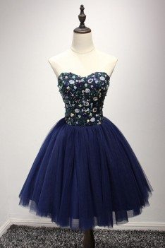 Dark Navy Blue Short Prom Dress With Sequin Bodice For Juniors - AKE18158