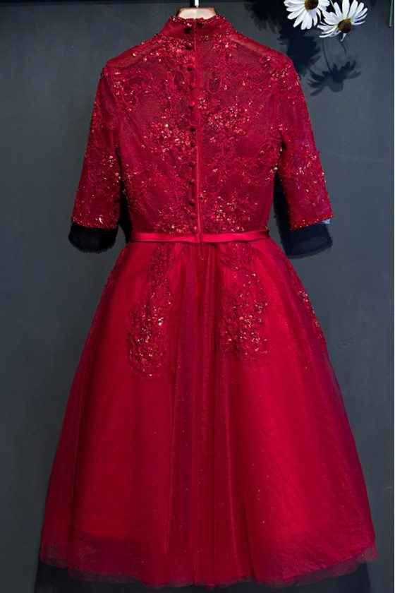 Retro Burgundy High Neck Lace Short Party Dress With Sleeves - $152.9784  #MYX18001 - SheProm.com