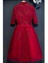Retro Burgundy High Neck Lace Short Party Dress With Sleeves - MYX18001