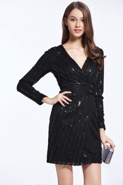 Little Black Sequin Long Sleeve Party Dress