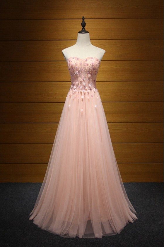 Fitted Peach Pink Long Formal Dress Tulle Beaded With Florals For Women - AKE18153