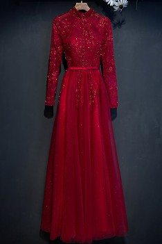 Unique Burgundy Long Lace Sleeve Prom Dress High Neck With Buttons - MYX18003