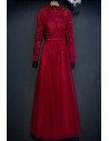 Unique Burgundy Long Lace Sleeve Prom Dress High Neck With Buttons - MYX18003