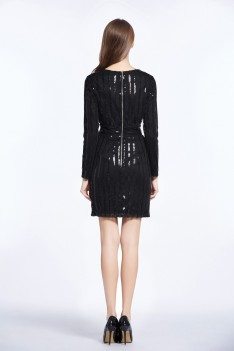 Little Black Sequin Long Sleeve Party Dress - DK319