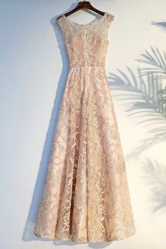 Formal Long Champagne Long Prom Party Dress Lace Sleeveless - MYX18007