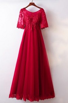 A Line Burgundy Lace Tulle Formal Party Dress With Short Sleeves - MYX18009