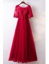 A Line Burgundy Lace Tulle Formal Party Dress With Short Sleeves - MYX18009