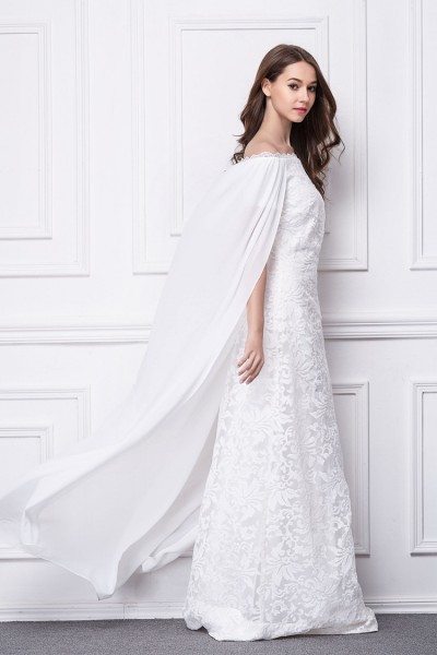 Long White Cape Style Embroidery Evening Dress - $131 #CK487 - SheProm.com