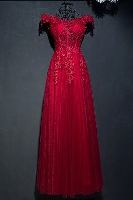 Retro Burgundy Corset Lace Long Formal Party Dress With Off Shoulder - MYX18011