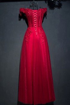 Retro Burgundy Corset Lace Long Formal Party Dress With Off Shoulder - MYX18011