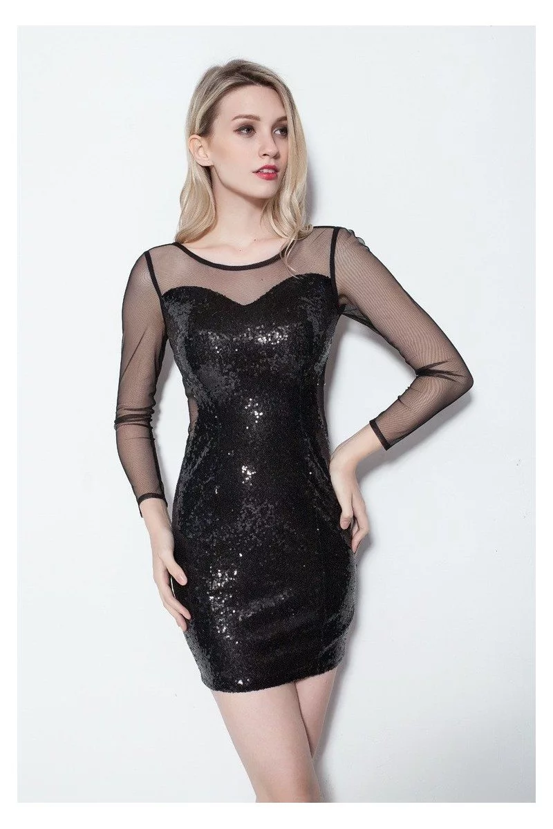 Little Black Sequins Sheer Sleeves Bodycon Dress - $63 #DK114 - SheProm.com