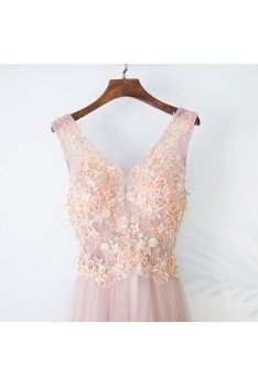 Gorgeous Pink Tulle Long Prom Dress Lace Sleeveless - MYX18012