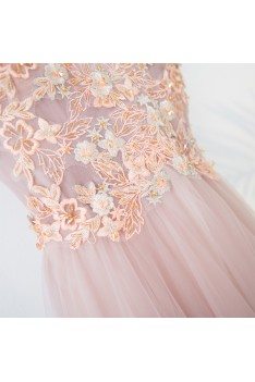 Gorgeous Pink Tulle Long Prom Dress Lace Sleeveless - MYX18012