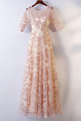 Long Champagne Lace Formal Party Dress With Sleeves For Weddings - MYX18014
