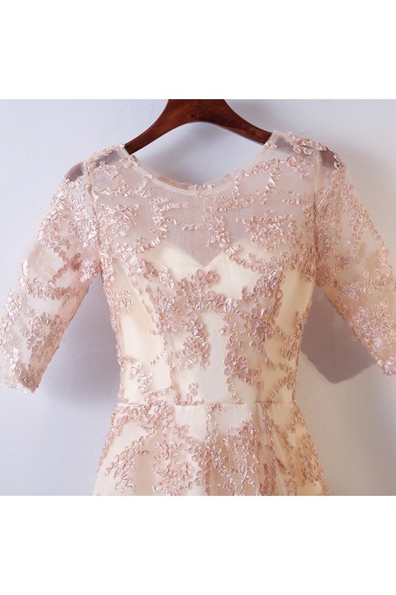 Long Champagne Lace Formal Party Dress With Sleeves For Weddings - $102 ...