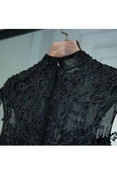 Vintage Chic Long Black Lace Formal Prom Dress With Cap Sleeves - MYX18015