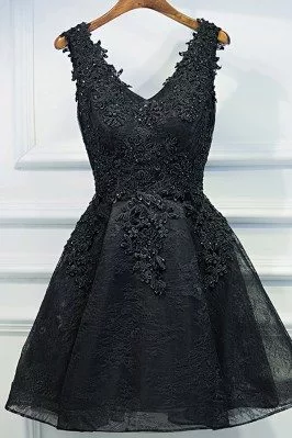 Chic Short Little Black Lace Prom Homecoming Dress V-neck Sleeveless - MYX18016