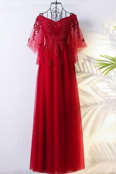Flowy Burgundy Long Tulle Formal Party Dress With Butterfly Sleeves - MYX18017
