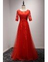 Modest Sleeved Lace Red Formal Dress 2018 Long For Wedding - AKE18147