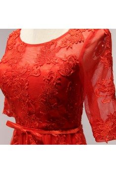 Modest Sleeved Lace Red Formal Dress 2018 Long For Wedding - AKE18147