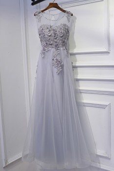 Classy Silver Long Tulle Prom Dress Lace Sleeveless - MYX18018