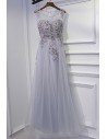 Classy Silver Long Tulle Prom Dress Lace Sleeveless - MYX18018