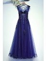 Navy Blue Lace Tulle Long Prom Dress A Line Sleeveless - MYX18019