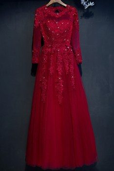 Modest Burgundy Long Sleeve Formal Party Dress With Lace For Weddings - MYX18020