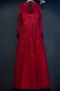 Modest Burgundy Long Sleeve Formal Party Dress With Lace For Weddings - MYX18020