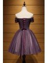 Off The Shoulder Purple Homecoming Dress Short With Floral Beading - AKE18145