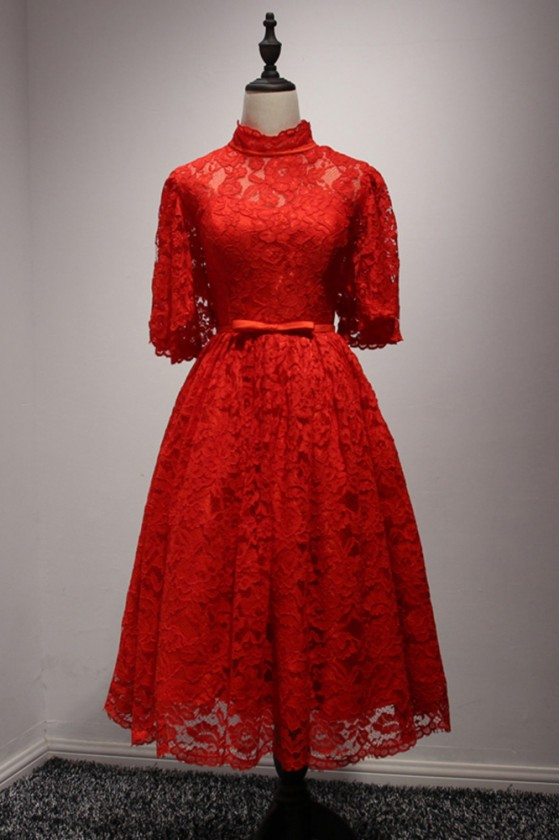 Knee Length Modest Red Homecoming Dress All Lace With Puffy Sleeves - AKE18144