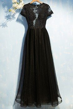 Sexy Long Black Lace Prom Dress With Sleeves Open Back - MYX18024