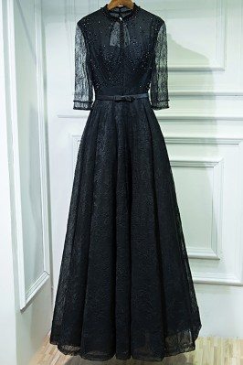 Vintage Chic Long Black High Neck Prom Dress With 3/4 Sleeves - MYX18025