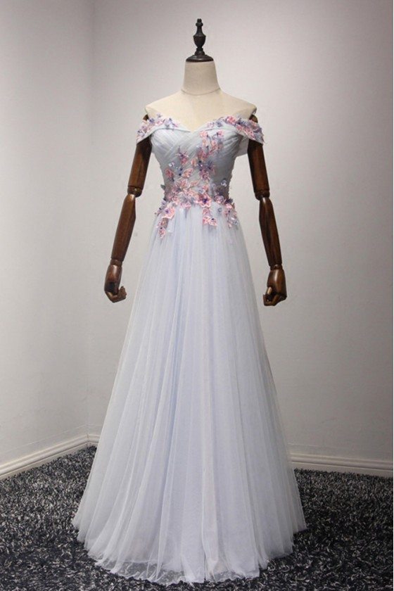 Gorgeous Off The Shoulder Evening Dress Long With Pink Florals - AKE18140