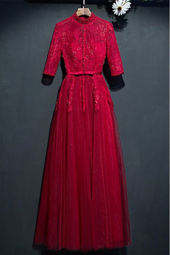 Unique High Neck Burgundy Long Party Dress With Lace Sleeves - MYX18026