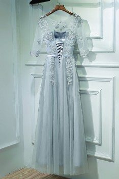 Elegant Grey Short Sleeve Prom Dress Long With Lace - MYX18028