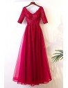 Burgundy Long Tulle Party Dress With Sleeves For Weddings - MYX18029