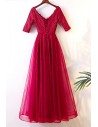 Burgundy Long Tulle Party Dress With Sleeves For Weddings - MYX18029